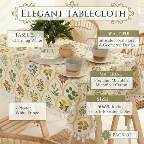Image of RRC Microfiber Cotton Dining Table Cover 60 x 90 Inch for 6 Seater, Pack of 1 Rectangular Printed Table Cloth with Tassels, Washable Centre Table Cover, Durable & Fade Resistant