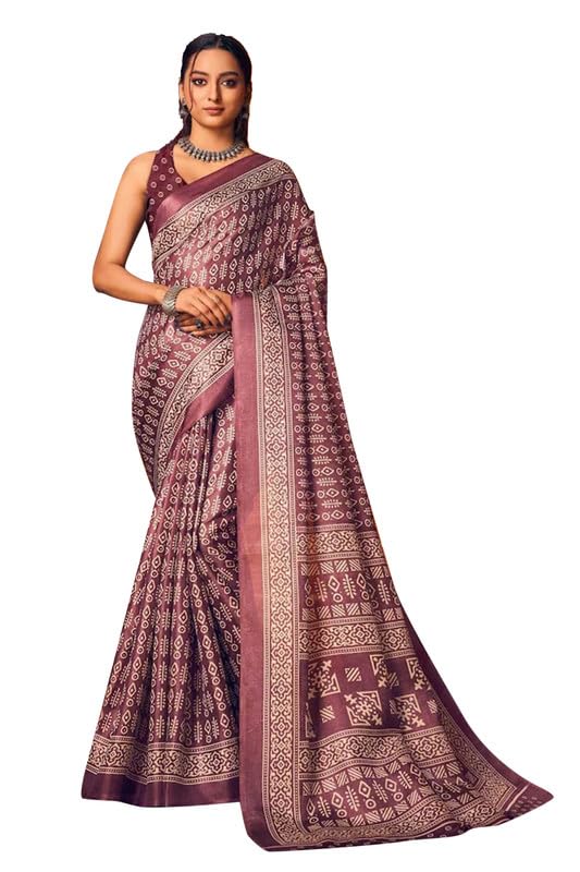 Kjs Women's Khaadhi Cotton Blended Ethnic Motiffs Printed Saree | Beautiful Blend of Tradition and Style | Printed Saree with Running Blouse | Ethnic P