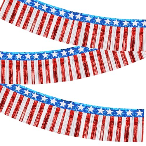 Image of BEISHIDA 3 Packs Metallic Foil Fringe Garland Star Red White Blue Wall Hanging Tinsel Fringe Banners for Car Floats 4th of July Memorial Day Patriotic New Year Party Decoration(30 Feet)