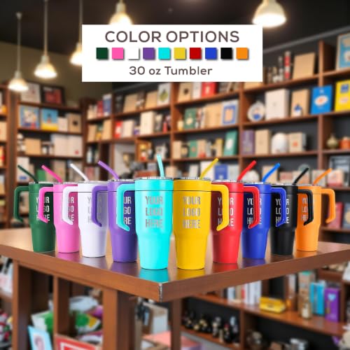 Image of Custom Engraved 30 oz Tumbler with Handle for Company Branding | 30 oz insulated stainless steel tumbler, laser engraved with your custom logo for business branding and gifts