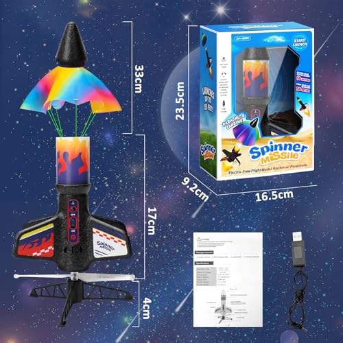 Hossom Rakete Spielzeug, Raketen Spielzeug für Kinder, Motorisierte USB Raketenwerfer mit Fallschirm LED-Licht, Rakete Start bis zu 50 Meter, Outdoor-Spielzeugs für Kinder im Alter von 8–12 Jahren