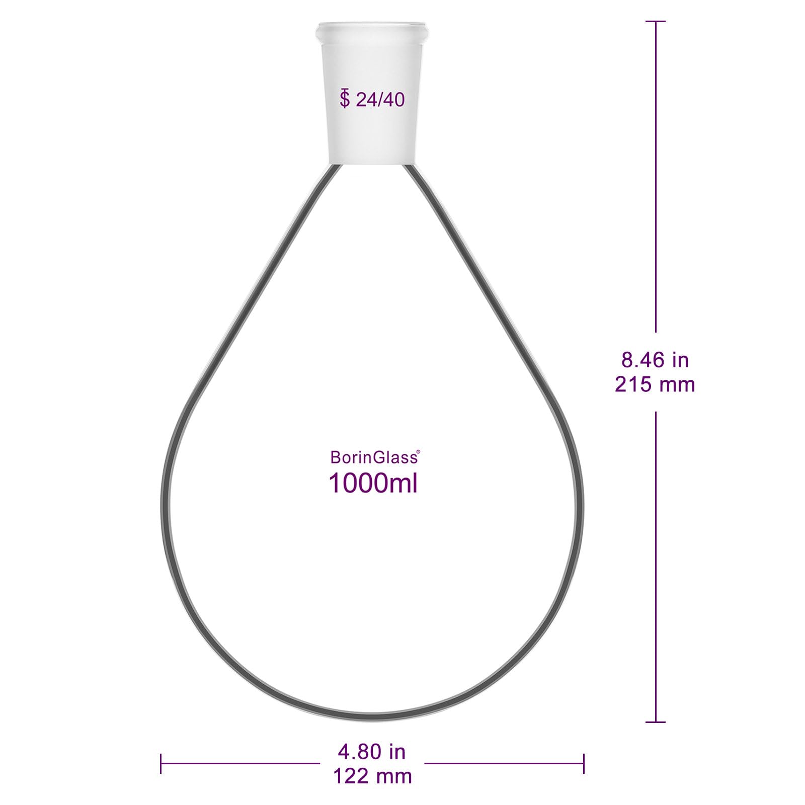BorinGlass Butelka regeneracyjna 1000 ml, butelka laboratoryjna z pojedynczą szyjką do destylacji, ogrzewania i mieszania, szkła borokrzemowego
