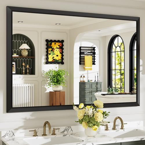 Image of 60x40 Inch Black Bathroom Mirror for Wall, Beveled Framed Rectangle Bathroom Vanity Mirrors for Over Sink, Bedroom, Living Room, Entryway, Anti-Rust, HD Tempered Glass, Horizontally /Vertically