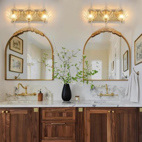Image of Bathroom Light Fixtures, 3-Lights Vanity Lights Over Mirror, Modern Bathroom Wall Light with Clear Shell Shaped Glass Shades, Gold Wall Sconces for Bedroom Living Room Kitchen Hallway