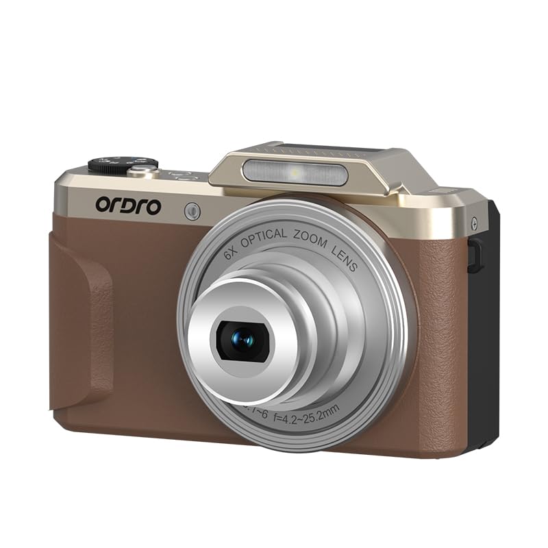 ORDRO Fotocamera digitale 4K con zoom ottico 6X e schermo flip a 180°, design retrò vintage, autofocus anti-shake, flash integrato e WiFi, fotocamera perfetta per viaggi e vlogging, YouTube (marrone)
