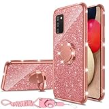 for Galaxy A02S Case (6.5-inch), for Samsung Galaxy A02S Phone Case Cute Girls Women Glitter Rhinestone Luxury Silicone Case with Ring Stand Strap Lanyard Shockproof Protection Cover - Rose Gold