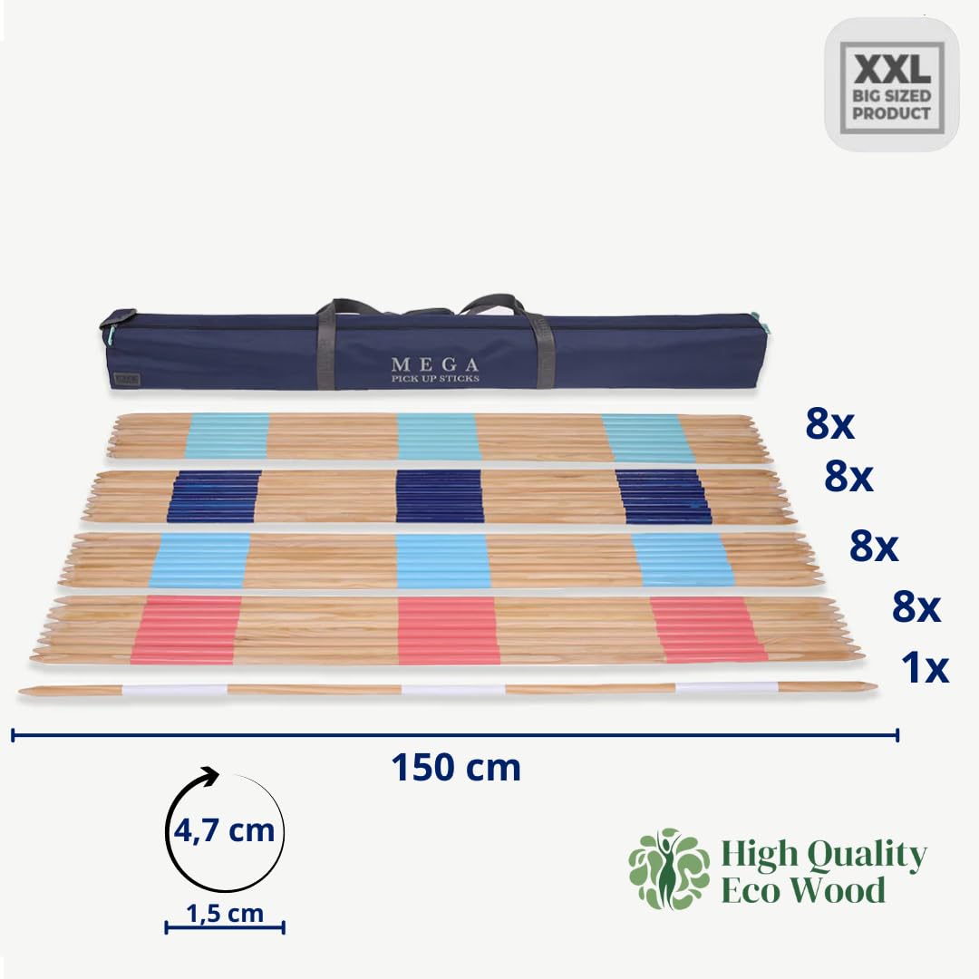 Uber Games Mikado XXL Mega 90 à 150 cm – Extérieur & intérieur – Livré dans un sac de transport – Version en bois FSC Jumbo (jusqu'à 150 cm)