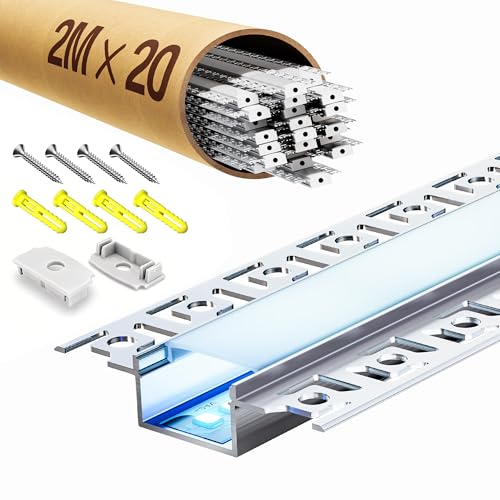 LASLUX 20x LED Trockenbauprofil 2M LED Schiene 2M Aluminium Profil Schiene Unterputz Kanal und Diffusor Aufputz für Indirekte Beleuchtung Decke