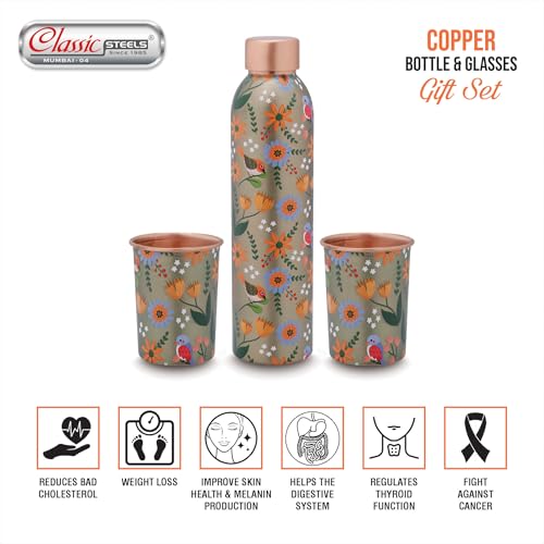 Image of Classic Steels Elegant Ethnic Green Copper Water Bottle Set with 2 Glasses - 1L Capacity | Best Gift For Diwali, Wedding Anniversary And All Other Occasions. (Forest Green Copper Bottle Set)