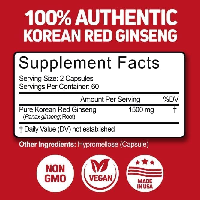Herbtonics Korean Red Panax Ginseng 1500mg - Energy Supplement for Peak Performance, Focus & Vitality - High Potency Ginseng Root Extract - 120 Vegan Capsules - Image 4