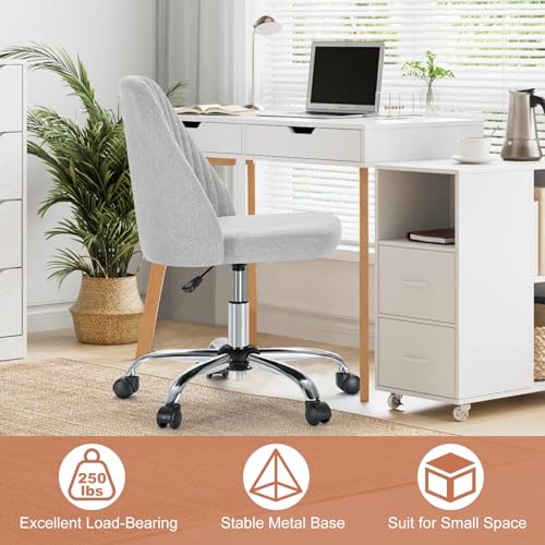 Image of Sweetcrispy Armless Vanity Chair, Cute Comfy Home Office Desk Chair with Wheels, Modern Upholstered Task Computer Seat for Bedroom, Study, Makeup Vanity, Height Adjustable & Swivel, Classic Gray