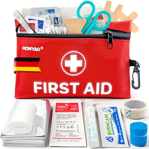 HONYAO Erste Hilfe Set 105 Teile Mini Reiseapotheke Verbandskasten Klein für Outdoor Reise Zuhause Camping Fahrrad Wandern Kinder Rot