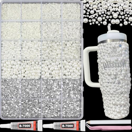 SEMATA Pearl Bedazzling Kit Silver Rhinestones Pearls for Crafting Bedazzling Decora with Mixed Flatback Pearl Bedazzle Gems for Crafts DIY Nail Pearls Rhinestones for Women and Girls