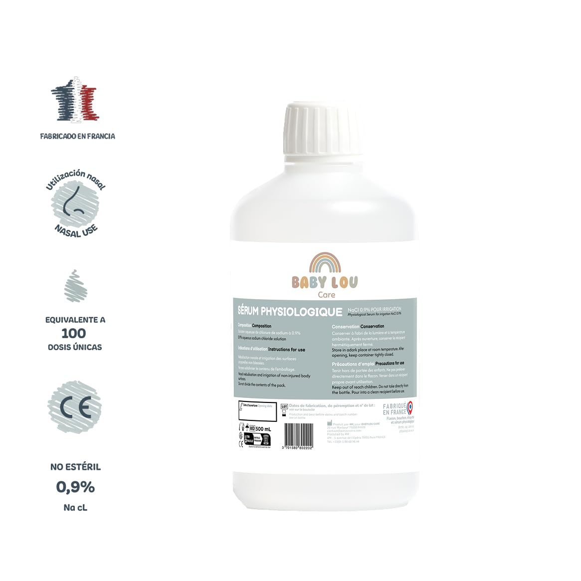 Suero fisiológico en botella 4x500ml | NaCl 0,9% | Fabricado en Francia | Lavado de fosas nasales | Higiene nasal | Para irrigación externa