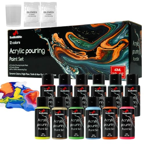 SANMAMINA Professional Acrylic Pouring Paint Set with 12 Vibrant Colors (60ml, 2 oz/bottle) Pre-Mixed High-Flow Acrylic Paint Kit with Gloves and Pouring Cups
