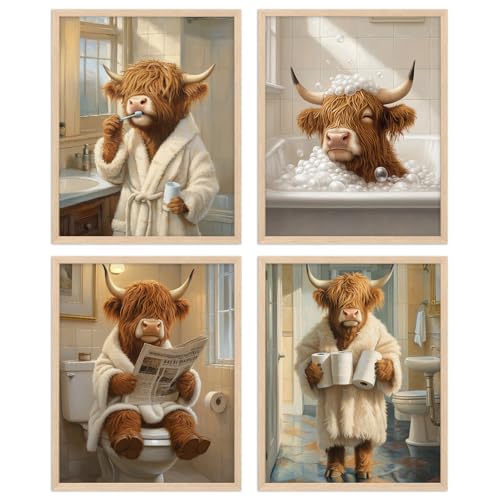 TWNSLLA Schöne Badezimmer-Kunst, Bauernhaus-Thema, Hochlandkuh, niedliche Tier-Dezoration für Schlaf- und WC-Räume, Vintage-Western-Stil