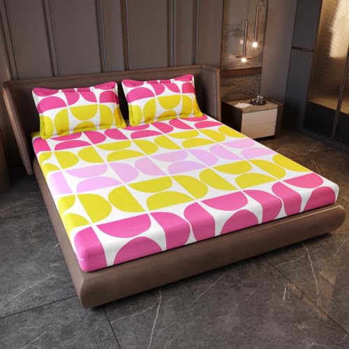Image of Divine Casa King Size Fitted Bedsheet with 2 Pillow Covers (200 x 180 CM) | Cotton Twill Satin Retro Geometric Print | Pink & Yellow Elastic Fitted Sheet for Mattress.