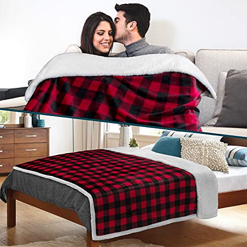 Pavilia Buffalo Plaid Sherpa Blanket Throw | Fuzzy Red Black Checkered Flannel Fleece Blanket For Couch Bed | Fluffy Warm Soft Christmas Plush Microfiber Blanket | 50X60 #TOP5