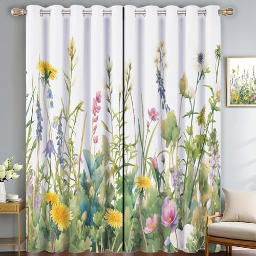 Cortinas Dormitorio Cortas Flores Silvestres Acuarela Ilustración De Jardín 2 Piezas, Cortinas Opacas Termicas Aislantes, Curtains Blackout con Ojales De Cocina Comedor, 140Anx145Al Cm, Verde Salvia