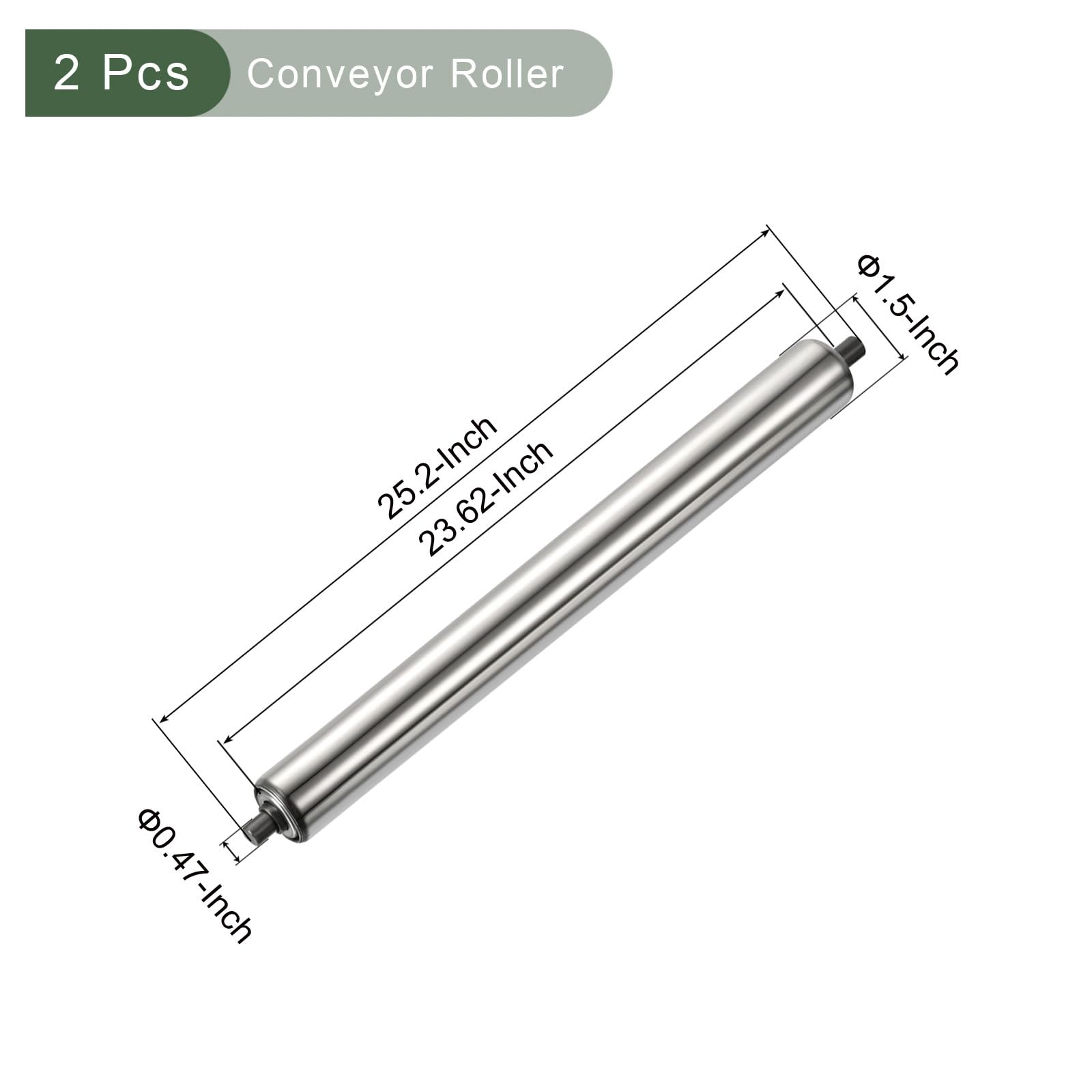 YOKIVE 2 Piezas Rodillo Transportador, Rodillo de Acero Inoxidable de Repuesto | Movimiento Suave, para Uso en Fábricas, Almacenes (Plata, Diámetro de 1.5", Longitud de 24")