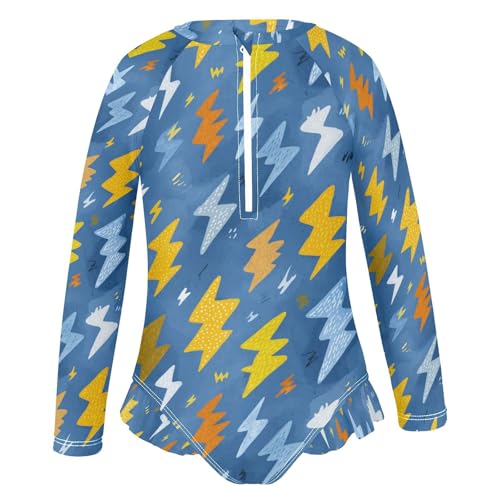 Girls'Swimwear Swimsuit Rash Guard,Lightning Bolt Pattern Print Long Sleeve One Piece Bathing Suits for Kids Toddlers,Quick Dry Swimming Suit Zipper 4T2