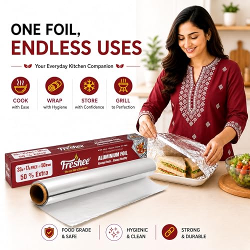 Image of Freshee 50gm Aluminium Silver Kitchen Foil Roll Paper Pack of 4|11 Micron Thick|Food wrap|Disposable Food Parcel|Fresh Food|Food Grade