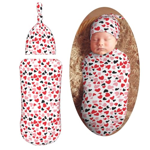Image of Leopard Print with Heart Newborn Swaddle Blankets Hat Sets Soft Baby Receiving Blanket Swaddle Sack for Baby Shower Infant Boy Girl Gift
