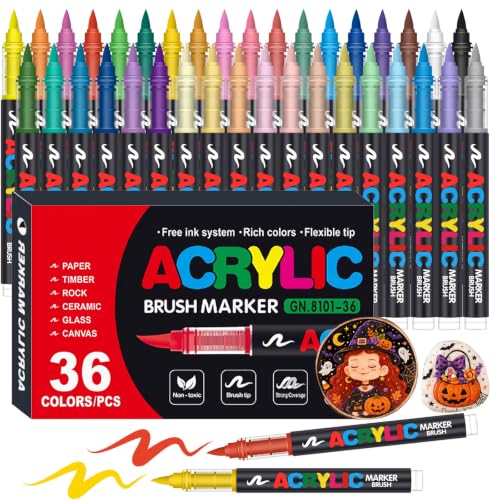 Image of Acrylic Paint Markers, Soft Brush Tip Pens and Markers, Acrylic Paint Pens for Wood, Stone, Canvas, Glass, Fabric, Egg, Rock Painting and DIY Craft Art Supplies (36)