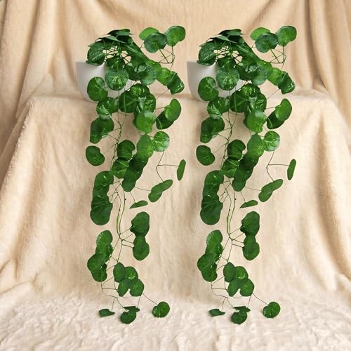 Image of Dekorly Artificial Hanging Garland with Pot - 100cm Rose Vine, 10cm Decorative Pot for Table, Shelf & Wall Decor (2, Vines-08)