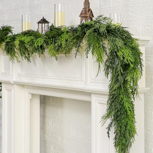 5.9ft Faux Cedar Pine Garland Real Touch Christmas Greenery Decoration Realistic Cypress Garlands for Xmas Mantle,Staircase,Fireplace,Table Centerpiece,Indoor Outdoor Home Decor (Mixed, 1.8m)