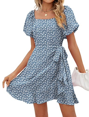 Image of Sampeel Womens Summer Dresses Square Neck Puff Sleeve Tie Waist Short Dress