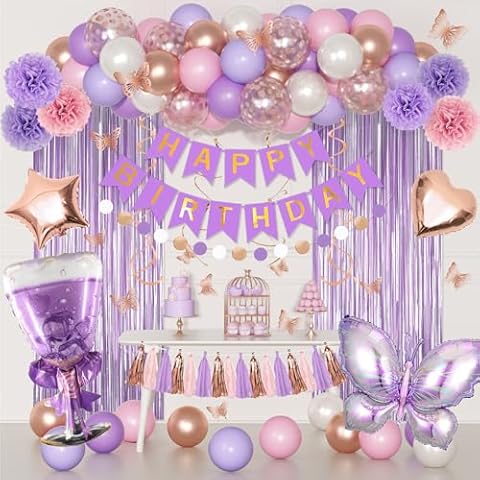 Purple Pink Birthday Party Decorations for Women Girls, Butterfly Confetti Rose Gold Lavender Balloons Happy Birthday Banner Fringe Curtains Hanging Swirls Circle Dots Tassels Pom 30th 40th 50th Her Cover