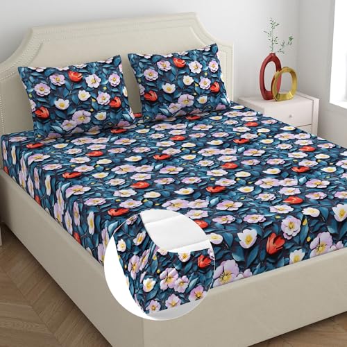 Image of Home Ecstasy Microfibre Wrinkle & Fade Resistant Fitted Bedsheet for King Bed with 2 Pillow Covers (Size 72 x 78 inches, 140TC, Colour Blue)