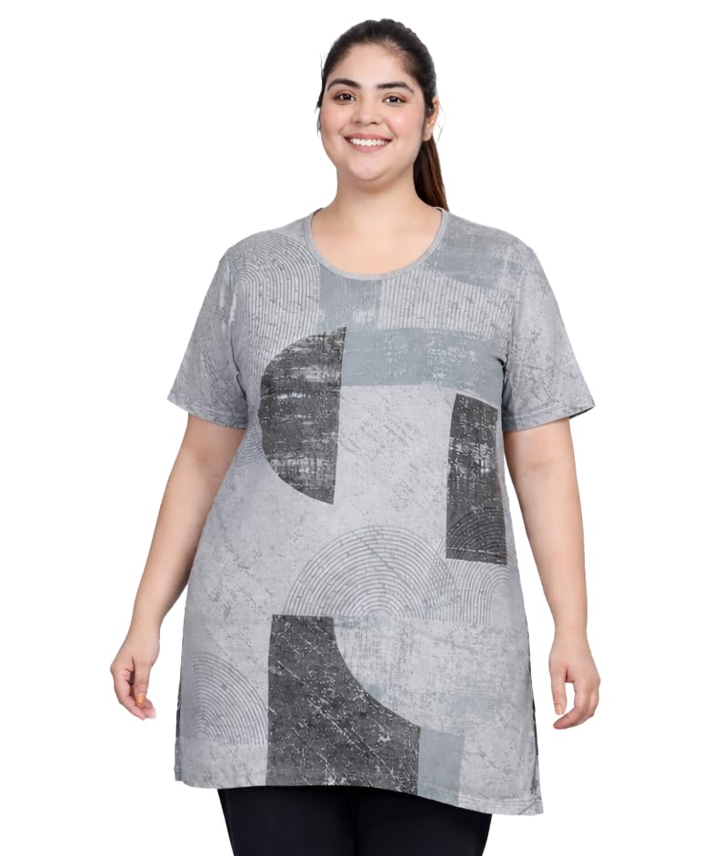 Image of RYSH Women's All-Over Printed Cotton Plus Size Longline T-Shirt with Pockets