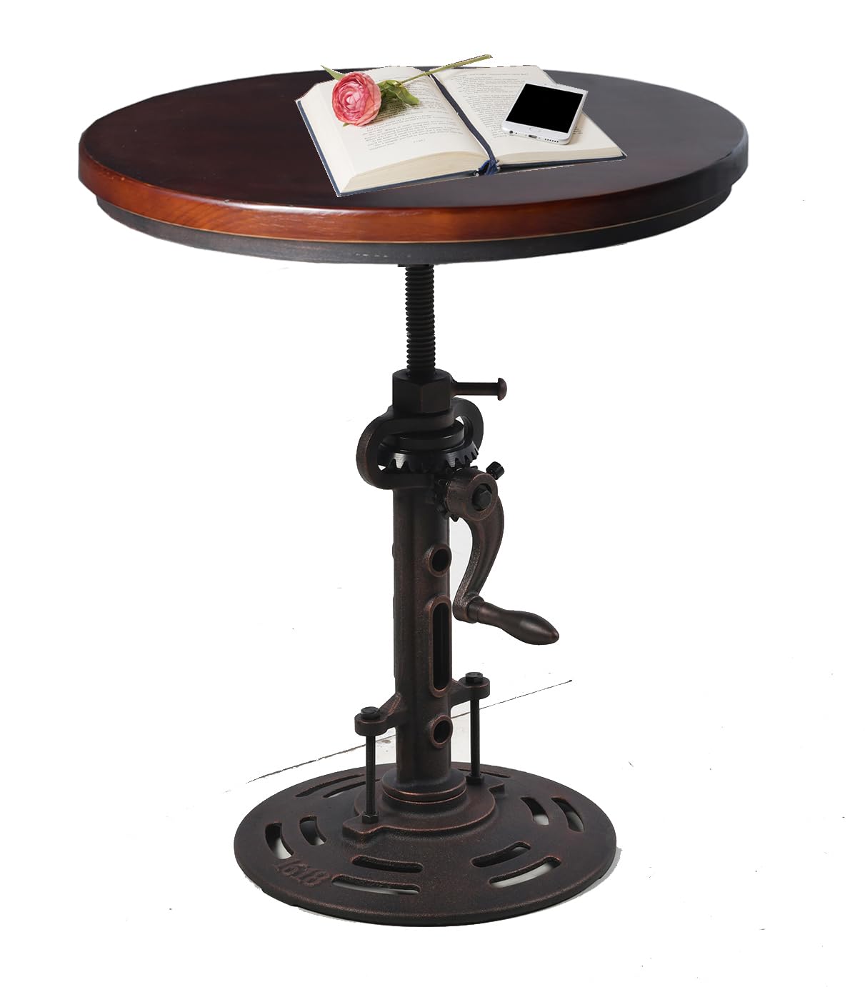 GWAREZ Round 19.6'' Metal Wooden Side Table Industrial Style Tea Table Hand Crank Adjustable Height Coffee Table for Living Room, Bedroom and Balcony (Copper)…
