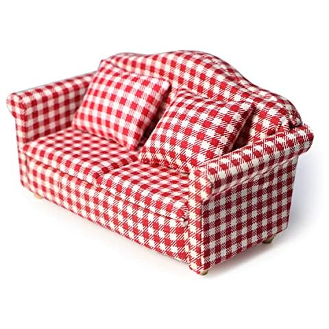 Dollhouse Couch Miniature Sofa with Pillows Dollhouse Living Room Funiture 1:12 Scale Model 3 Pcs High Simulation Upholstered Wooden Fabric Armchair Mini Room Artificial House Scene Decoration (Plaid) Cover