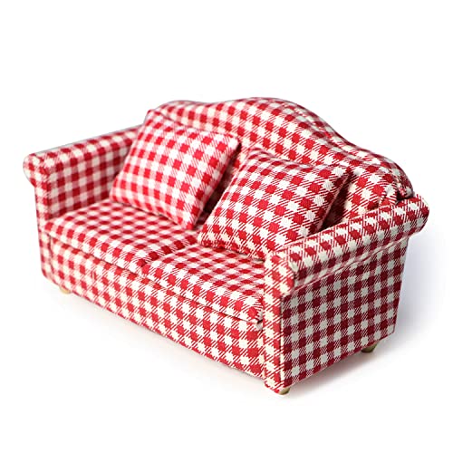 Cutemini DJ0048 Dollhouse Couch Miniature Sofa With Pillows Dollhouse Living Room Funiture 1:12 Scale Model 3 Pcs High Simulation Upholstered Wooden Fabric Armchair Mini Room Artificial House Scene Decoration cover