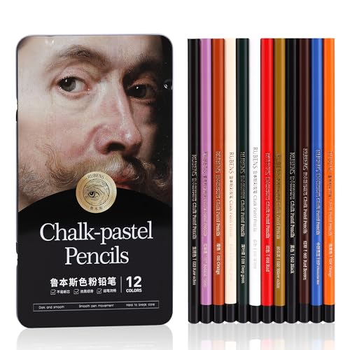 rubens Pastel Pencils 12 Colors Soft Chalk Pastel Pencils Set for Artists 4mm Core Chalk Colored Pencils in A Metal Tin Blendable Chalks Pencils for Drawing Sketching Blending & Shading(Series A)