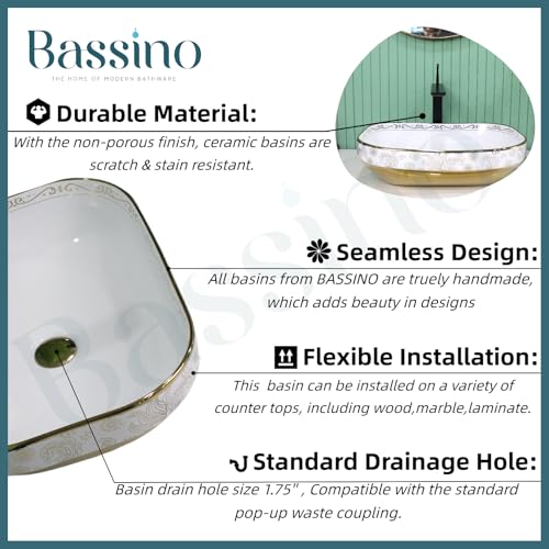 Image of BASSINO 20x14x6 Inches Ceramic Counter Top Wash Basin /White & Rose Gold Basin for Bathroom /Modern Design /Rectangular Shape Tabletop Washbasin for Restaurant /Dining Hall /Living Room /Home(Glossy)