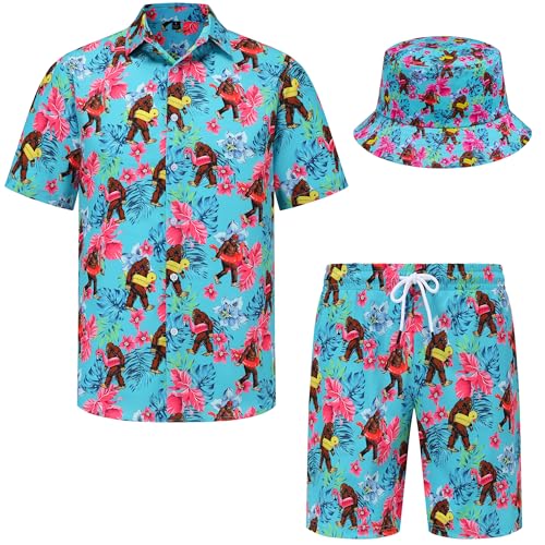 Mens Hawaiian Shirts and Shorts Set 2 Pieces Beach Outfits Summer Vacation Tropical Suit with Bucket Hats