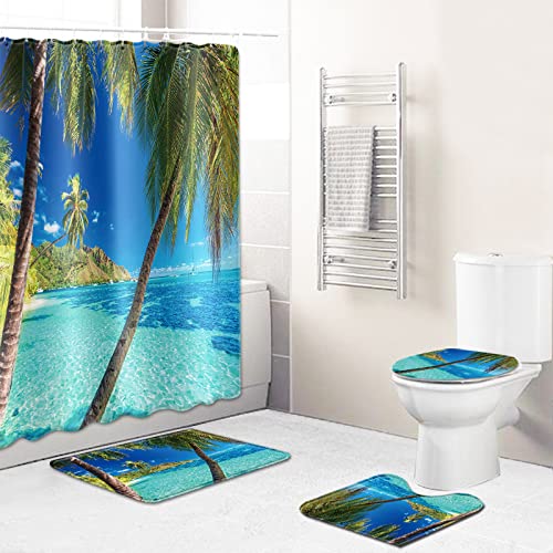 Duschvorhang Blaue Landschaft Badezimmerteppich 4-Teiliges Set, Duschvorhang 180x180 Polyester+Badematte rutschfeste…