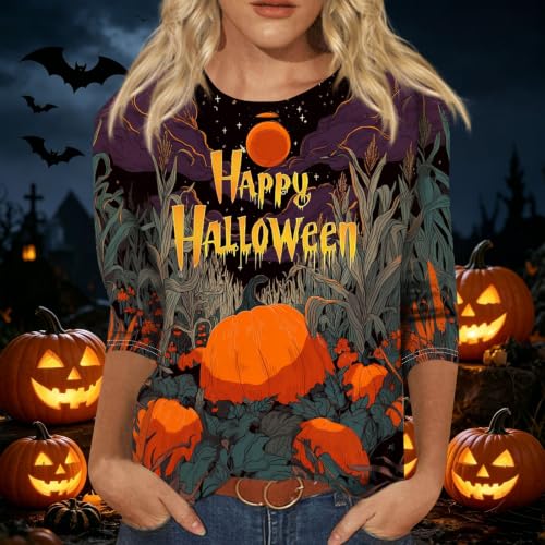 Image of Women Spooky Halloween Graphic Shirt 3 /4 Length Sleeve Crewneck Top | Halloween Funny Printed Pumpkin Plus Size Tshirts 2026 Fall Outfits Skeleton Tee Going Out Tops