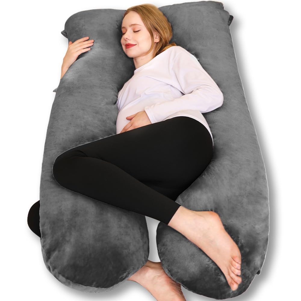 Chilling Home Pregnancy Pillows for Sleeping,U Shaped Maternity Pillow Pillow,55 inch Full Body Pillow Long Pillows for Sleeping, Maternity&Body Pillows for adults with Cover Velvet,Light Black