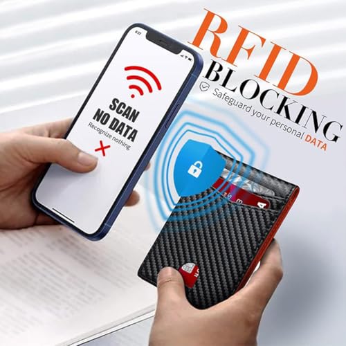 Men's Slim Leather RFID Blocking Wallet - Minimalist Carbon Fiber Bifold, Mens Wallets RFID Blocking With Money Clip (B-Black Red) 5