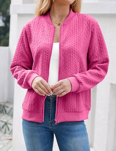 Image of WROLEM Women's Zip Up Cardigan Sweater Cable Hoodies Long Sleeve Jacket Outfits Crewneck Casual Coat