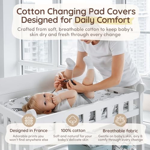 Image of Baby Changing Pad Covers Table Sheet 32 inch x 16 inch, 8 inch Deep Pocket - Diaper Changing Pad Cover, 100% Cotton Chevron & Sloth Baby Sheets for Girl & Boy, 2 Pack, Designed in France, White-Grey