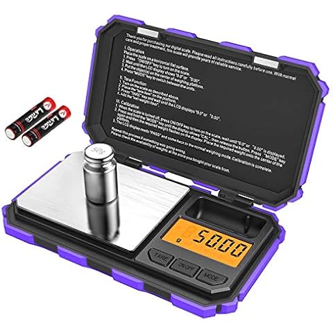 KeeKit Digital Mini Scale, 200g 0.01g Pocket Scale with 50g Calibration Weight, Electronic Smart Scale with Tare & LCD Backlit Display for Food, Tablets, Jewelry (Battery Included) – Purple Cover