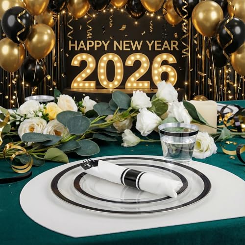 I00000 210 Pcs Clear and Black Plastic Plates, Halloween Disposable Dinnerware Set, Include 30 Dinner 30 Dessert Plates,30 Plastic Cups 9 OZ,30 Pre Rolled Napkins with Cutlery for New Year – Image 3