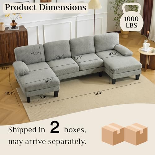 Image of Karl home Compact U-Shape Sectional Sofa Couch 111 inch 4-Seat Dust Gray | Modern, Chenille Fabric Upholstered, Double Chaise, Wood Grain Legs for Living Room, Home Office, Apartment, Studio