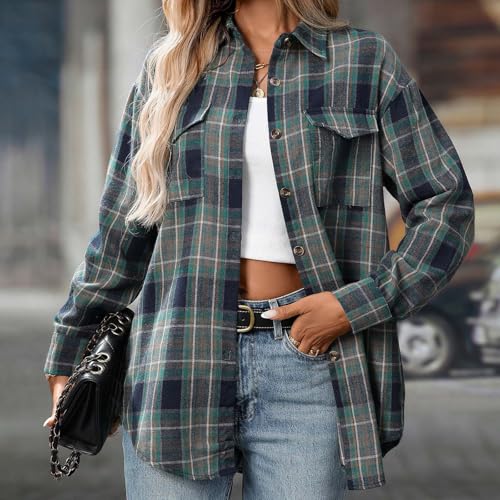 Womens Plaid Flannel Shacket Button Down Long Sleeve Casual Jackets Coats Fall Plus Size Baggy Fashion Shirts 20252